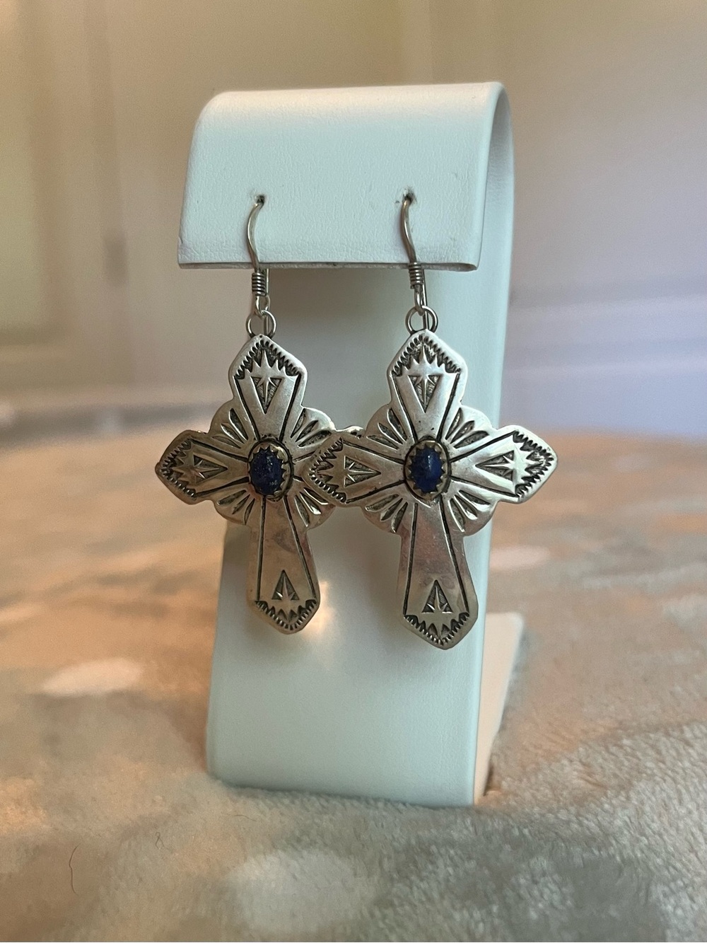 Sterling Silver Cross Earrings with Blue Lapis Stone in Center